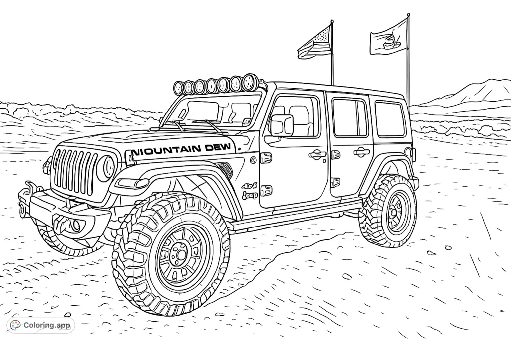 Explore the desert with this powerful off-road vehicle, featuring rugged details, prominent tires, and flags waving under an open sky. Perfect for adventure enthusiasts.