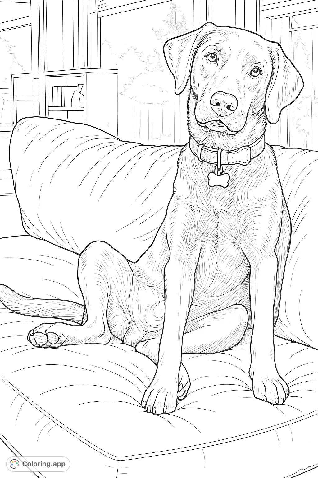 A charming dog sits attentively on a plush sofa, wearing a patterned collar. A serene indoor scene, perfect for dog lovers to personalize with creative colors.