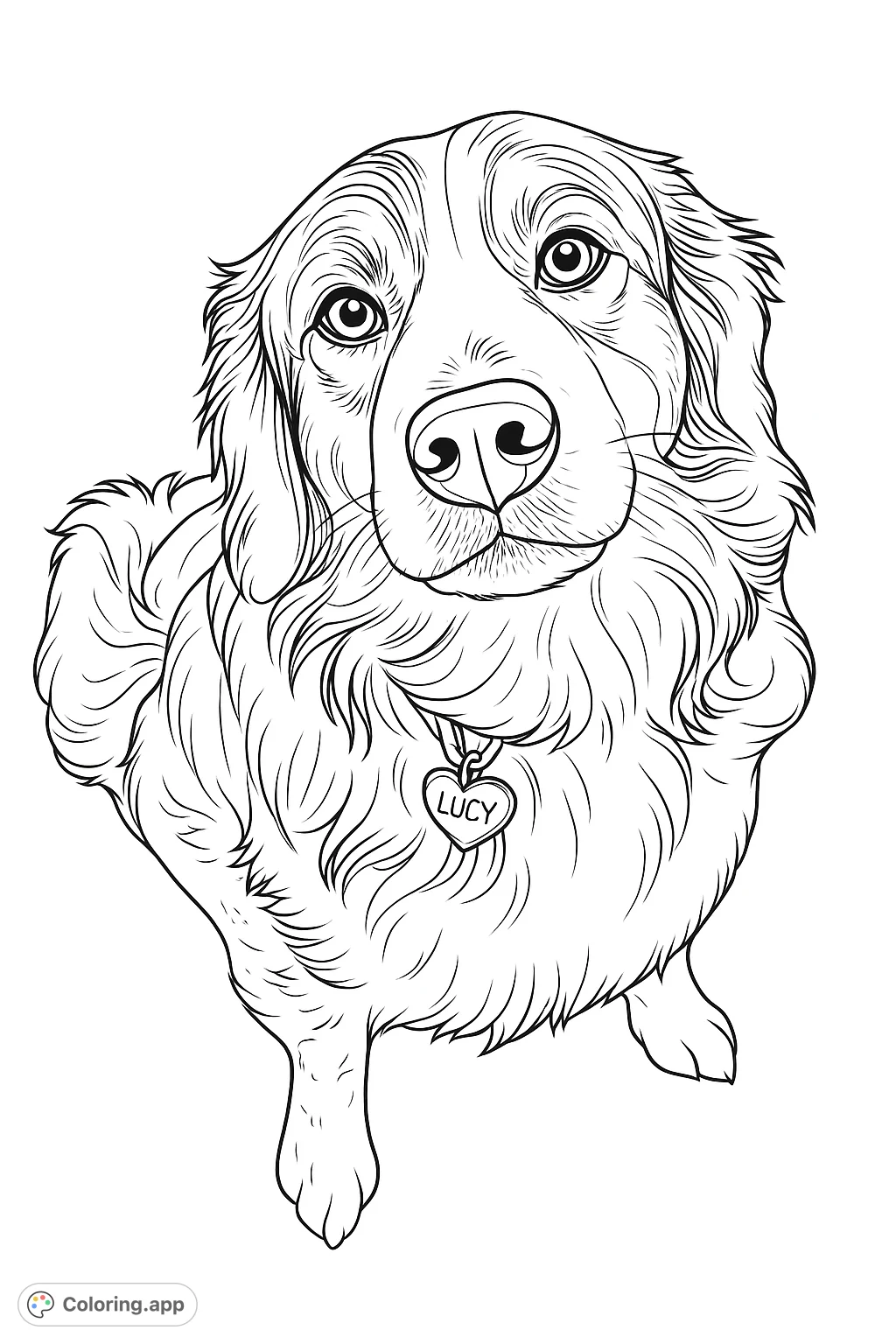 Capture the charm of a sweet dog with this engaging coloring page. Features a delightful canine with expressive eyes and a heart-shaped tag.