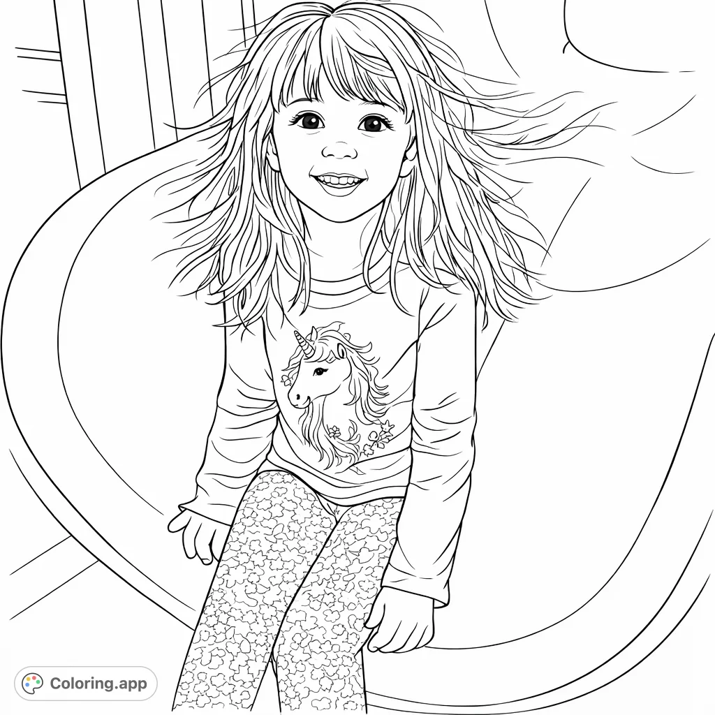A joyful child with long hair sits smiling on a playground slide, wearing a shirt with a horse design and patterned leggings. A fun scene for coloring!