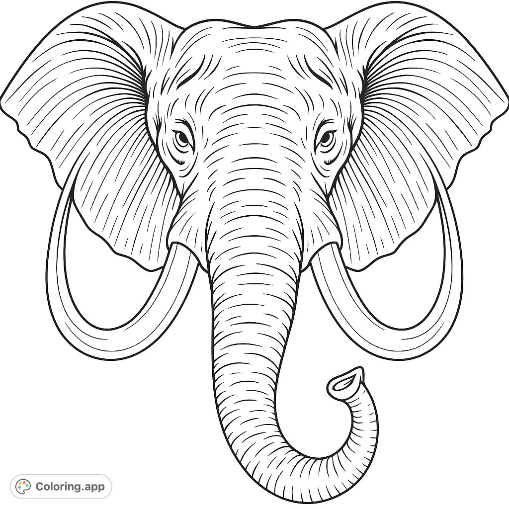 Color this intricate elephant head, featuring detailed tusks, expressive eyes, and textured skin, perfect for animal lovers and mindful coloring.