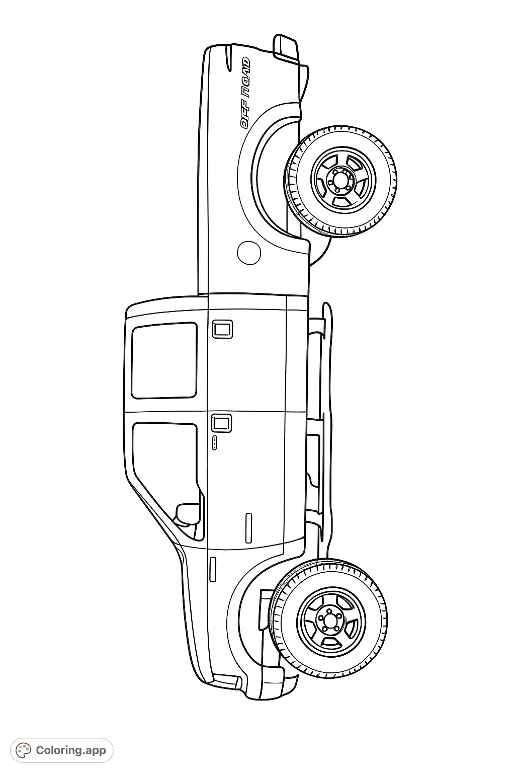 Color a powerful off-road truck, perfect for adventure enthusiasts. Features robust wheels, detailed bodywork, and a sturdy design ready for customization.