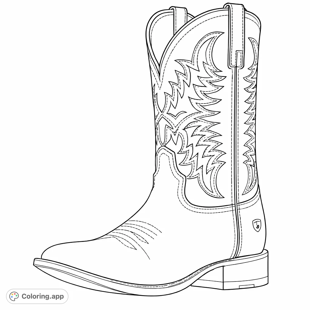 Detailed cowboy boot coloring page featuring classic western stitching and rugged textures. Perfect for enthusiasts of rustic style and intricate designs.