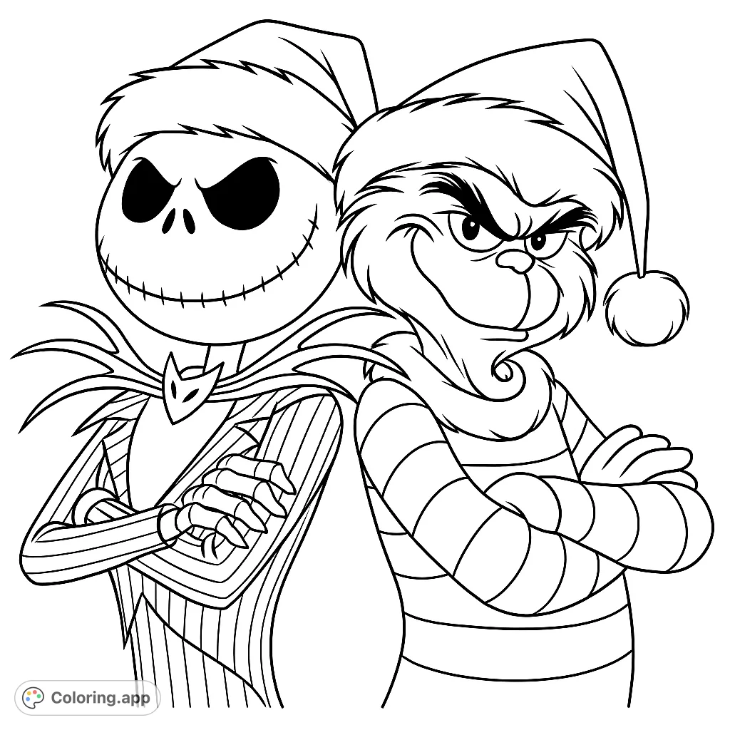Jack Skellington and the Grinch, donned in holiday hats, stand back-to-back with crossed arms. A fun, mischievous scene perfect for holiday coloring!