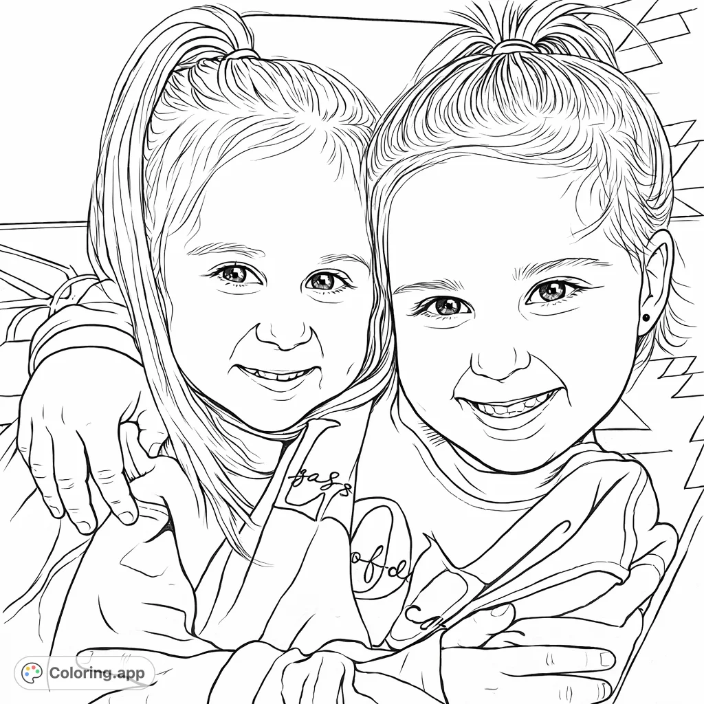 A heartwarming coloring page featuring two joyful children embracing, perfect for celebrating friendship and family. A sweet portrait for all ages.