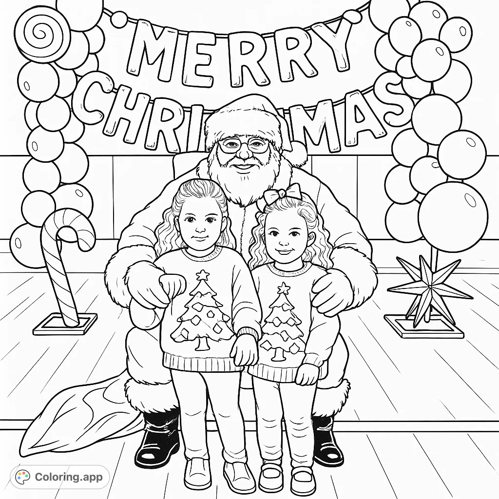 Capture the magic of the season with this Santa Claus coloring page, featuring two cheerful children, festive balloons, and a "MERRY CHRISTMAS" banner.