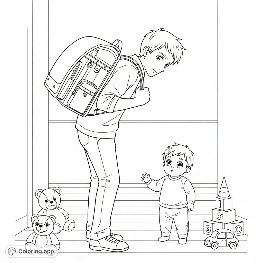 A heartwarming free printable coloring page showing a loving paternal figure struggling playfully with a large school backpack, as a wide-eyed toddler watches, perfect for family-themed fun.