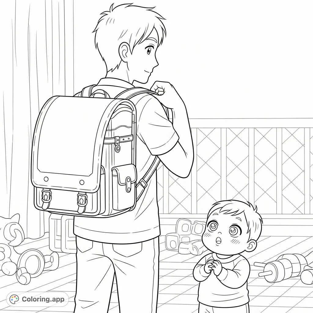 A heartwarming free printable coloring page featuring a father adjusting his backpack while a curious toddler looks on, perfect for a family bond coloring activity.