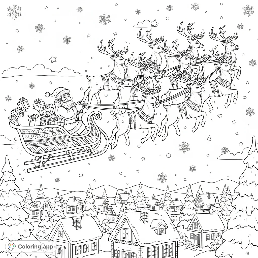 A delightful Christmas coloring page featuring Santa in his sleigh, pulled by reindeer over a snowy village, perfect for festive coloring fun!