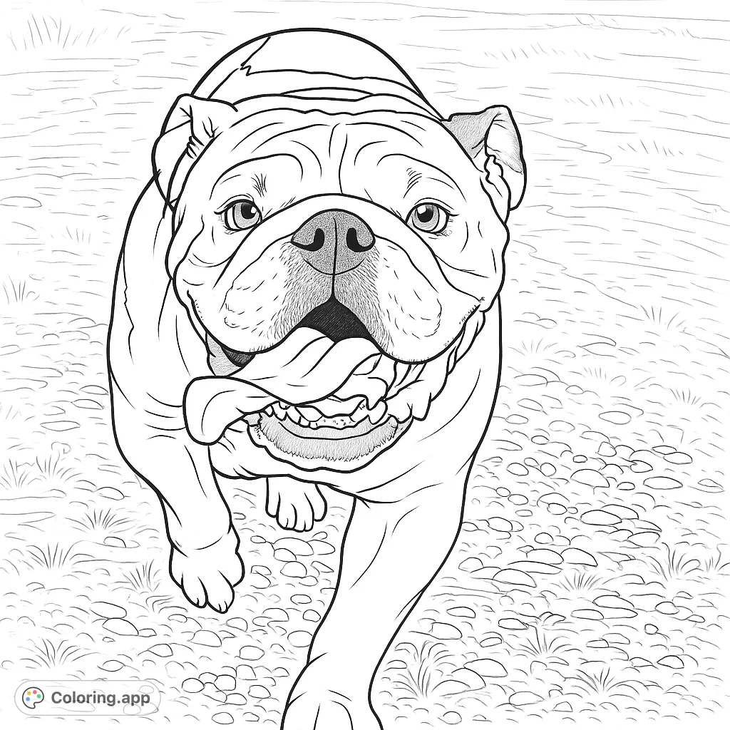 Capture the lively spirit of a happy bulldog with its tongue out, walking towards you. A delightful and engaging coloring page for all animal lovers.
