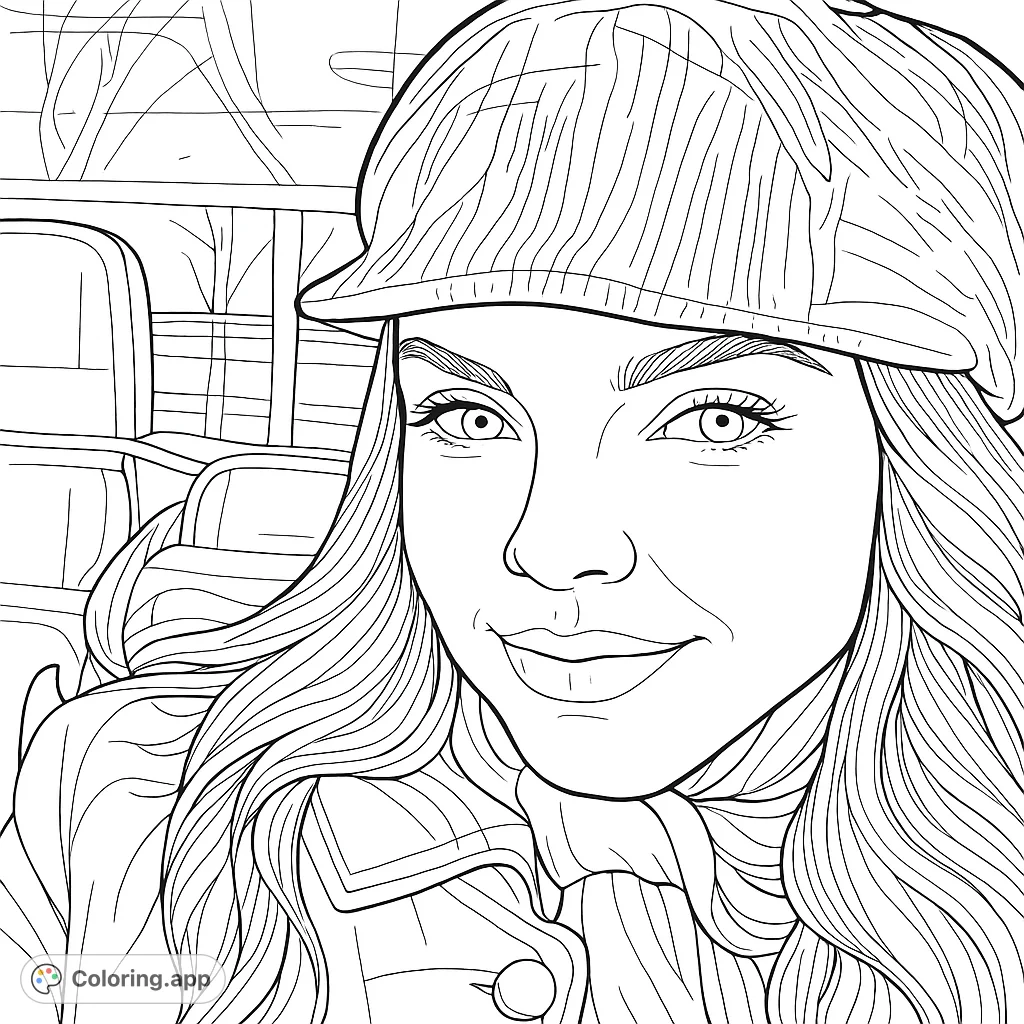 Color a captivating portrait of a stylish woman wearing a textured cap and a chic outfit, with long wavy hair and an inviting smile. Perfect for fashion enthusiasts.