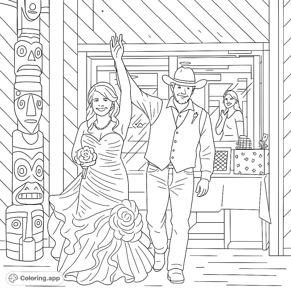 Celebrate a special day with this country wedding coloring page featuring a joyous bride and groom entering their reception, complete with a unique totem pole nearby.