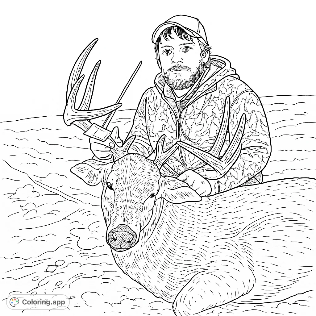 Capture the thrill of the hunt with this detailed deer hunting coloring page featuring a hunter and his impressive trophy buck on a snowy landscape.
