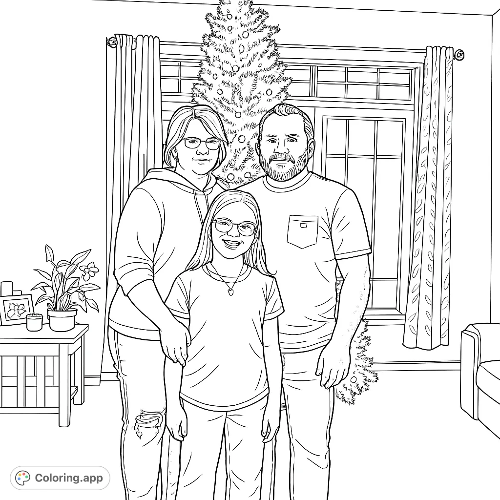 A heartwarming family portrait with a festive tree, capturing a joyful moment perfect for a holiday coloring page. Features a woman, man, and smiling girl.