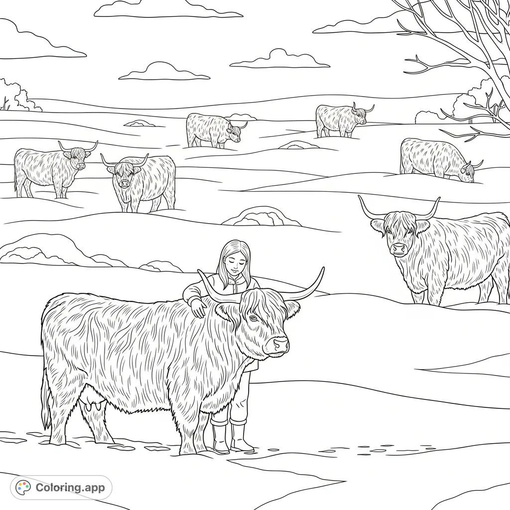 A charming scene depicting a girl lovingly petting a fluffy Highlander cow in a vast, serene snow-covered field, surrounded by other majestic cattle. Perfect for a cozy winter coloring page.