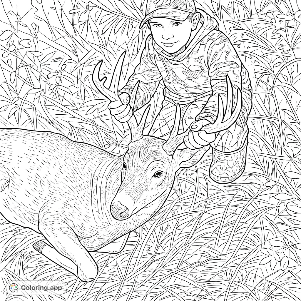 An engaging hunting coloring page featuring a young boy proudly beside a deer, set against a backdrop of detailed wilderness. Perfect for outdoor enthusiasts.