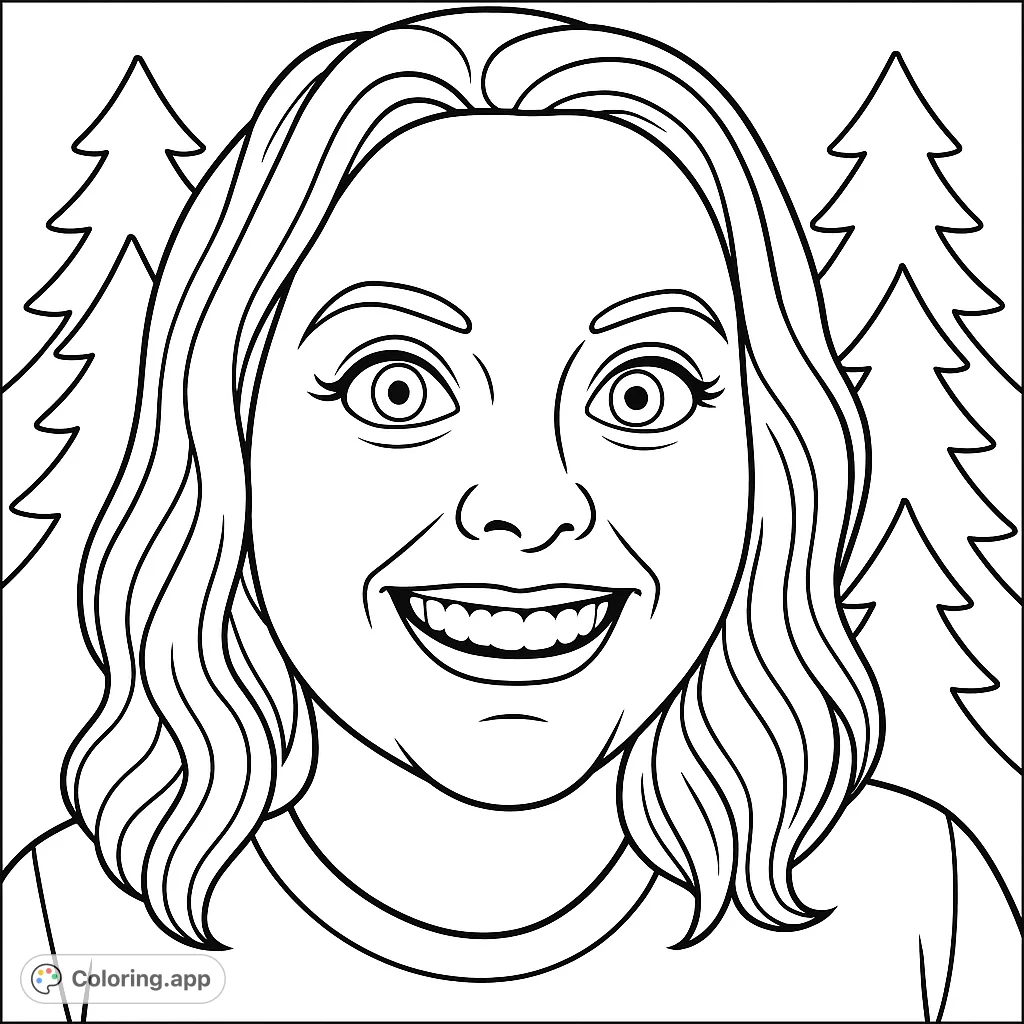 A joyful, Buddy-the-Elf-style woman smiles broadly against a festive Christmas tree background. Perfect for holiday coloring fun!