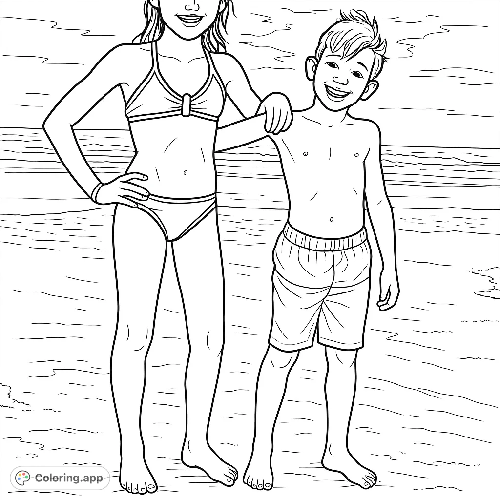 Two smiling children enjoy a fun day at the beach, standing together on the sand with the ocean waves and sky in the background. A perfect summer scene to color.