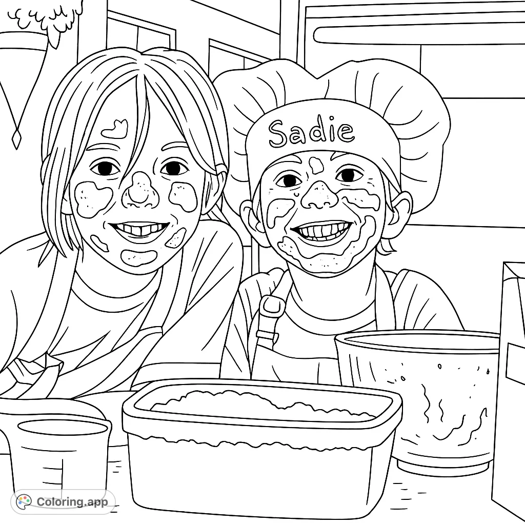 Capture the joyful chaos of two young bakers with flour-dusted faces and beaming smiles, ready for your creative touch in a fun kitchen scene.