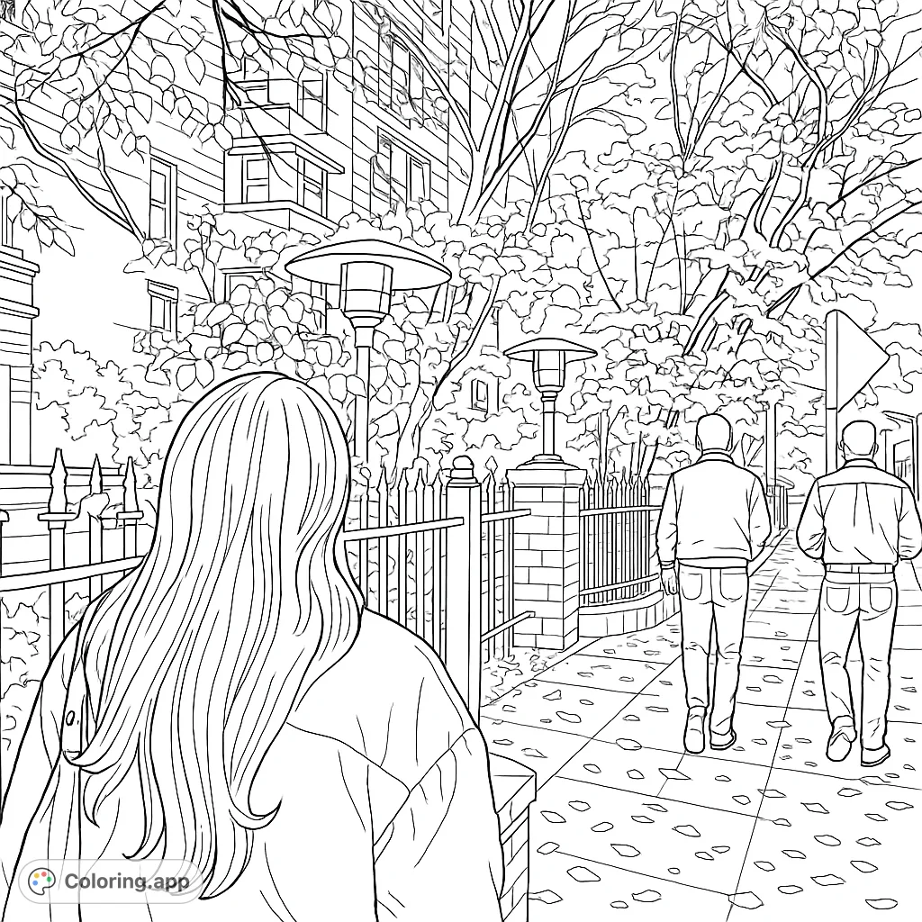 An inviting urban street scene featuring individuals walking, detailed architecture, and autumn foliage, perfect for an engaging coloring experience.