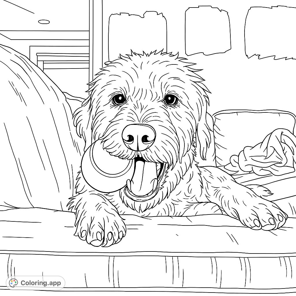 A charming, shaggy dog holds a tennis ball, ready for play. This delightful dog coloring page offers a fun, relaxing activity for pet lovers and all ages.