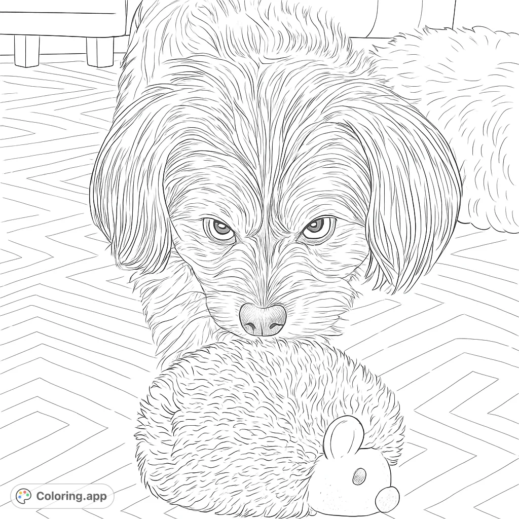 Capture the focused expression of a shaggy-haired dog interacting with its favorite textured toy. A free printable realistic dog coloring page for kids and adults.