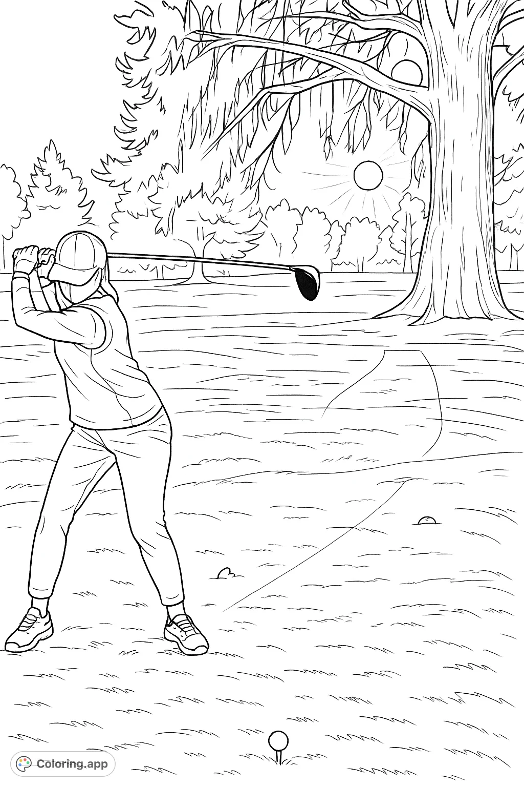 Capture the dynamic moment of a golfer's powerful swing on a scenic course with majestic trees and atmospheric light. A detailed sports scene awaits your creative touch.