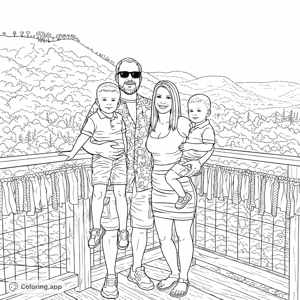 A charming family portrait on a mountain observation deck, perfect for bringing a serene outdoor scene to life with your favorite colors.