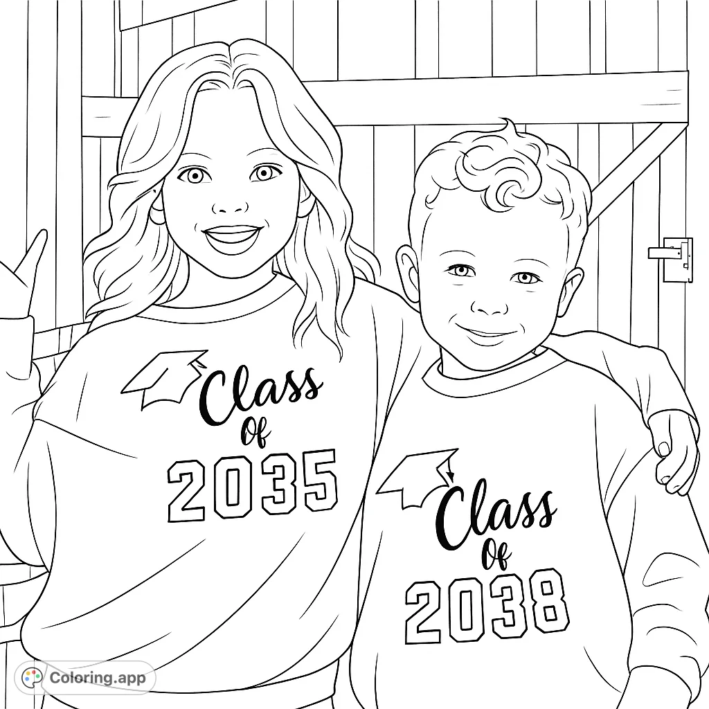 Celebrate future milestones with this charming coloring page featuring two smiling children wearing 'Class Of' shirts, perfect for aspiring graduates.