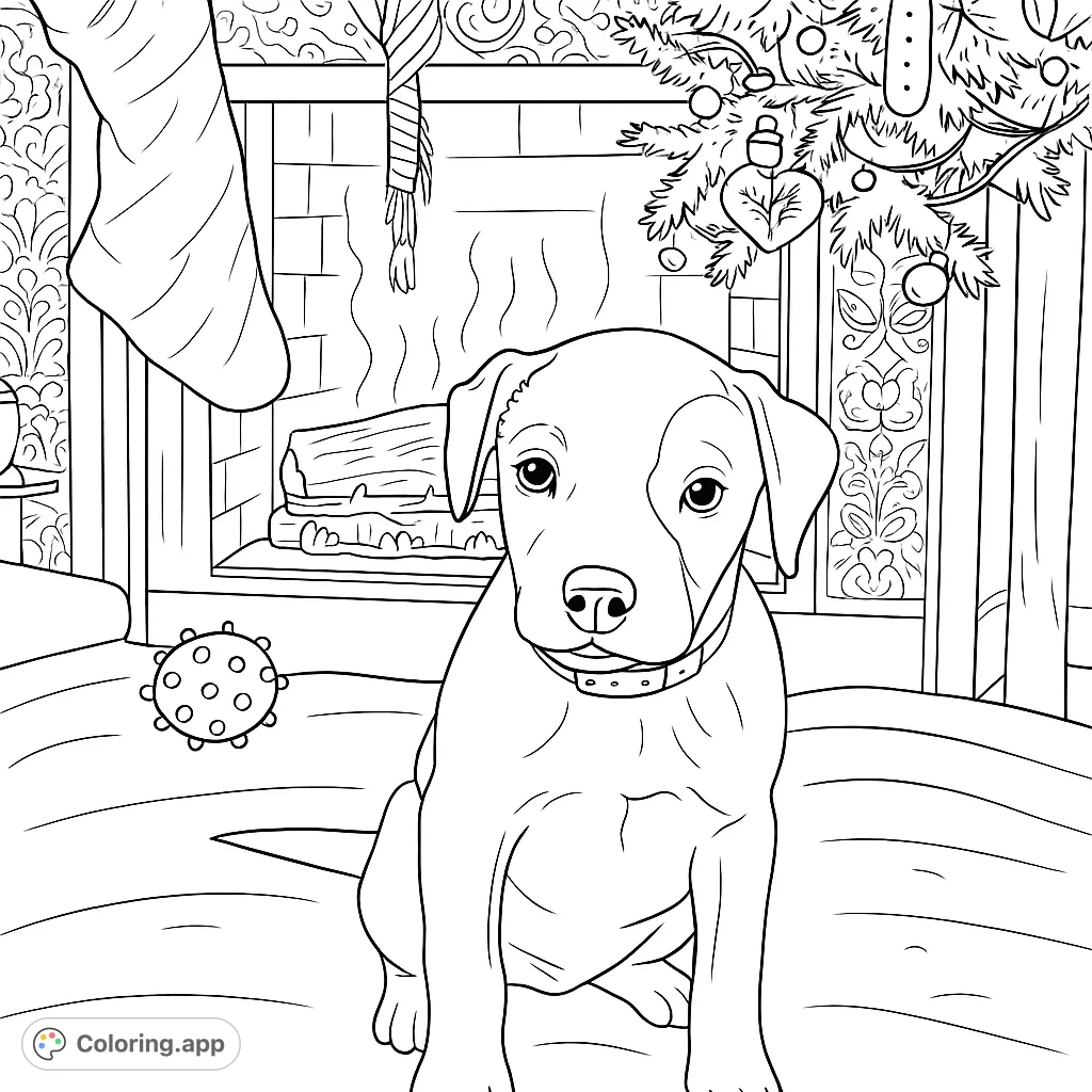 An adorable puppy sits by a warm fireplace adorned with festive garland, lights, and ornaments. A cozy holiday scene perfect for coloring.