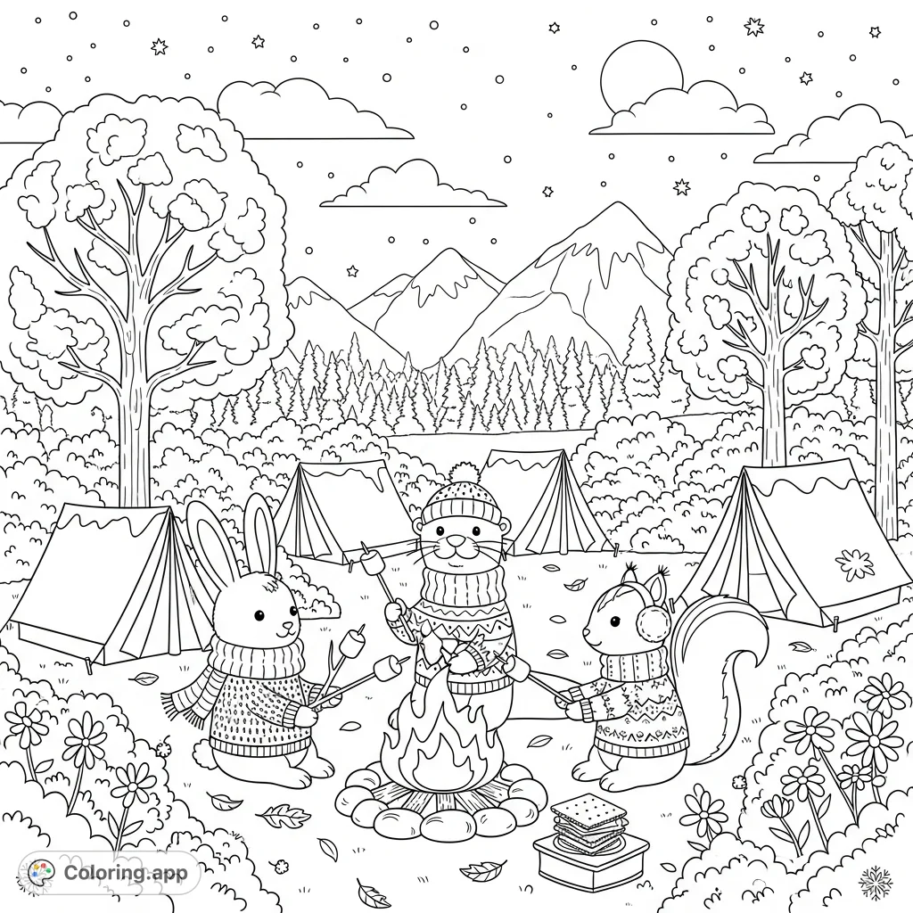 A delightful campfire scene featuring a bunny, otter, and squirrel roasting marshmallows under a starry night sky. A cozy and charming animal friends coloring page.