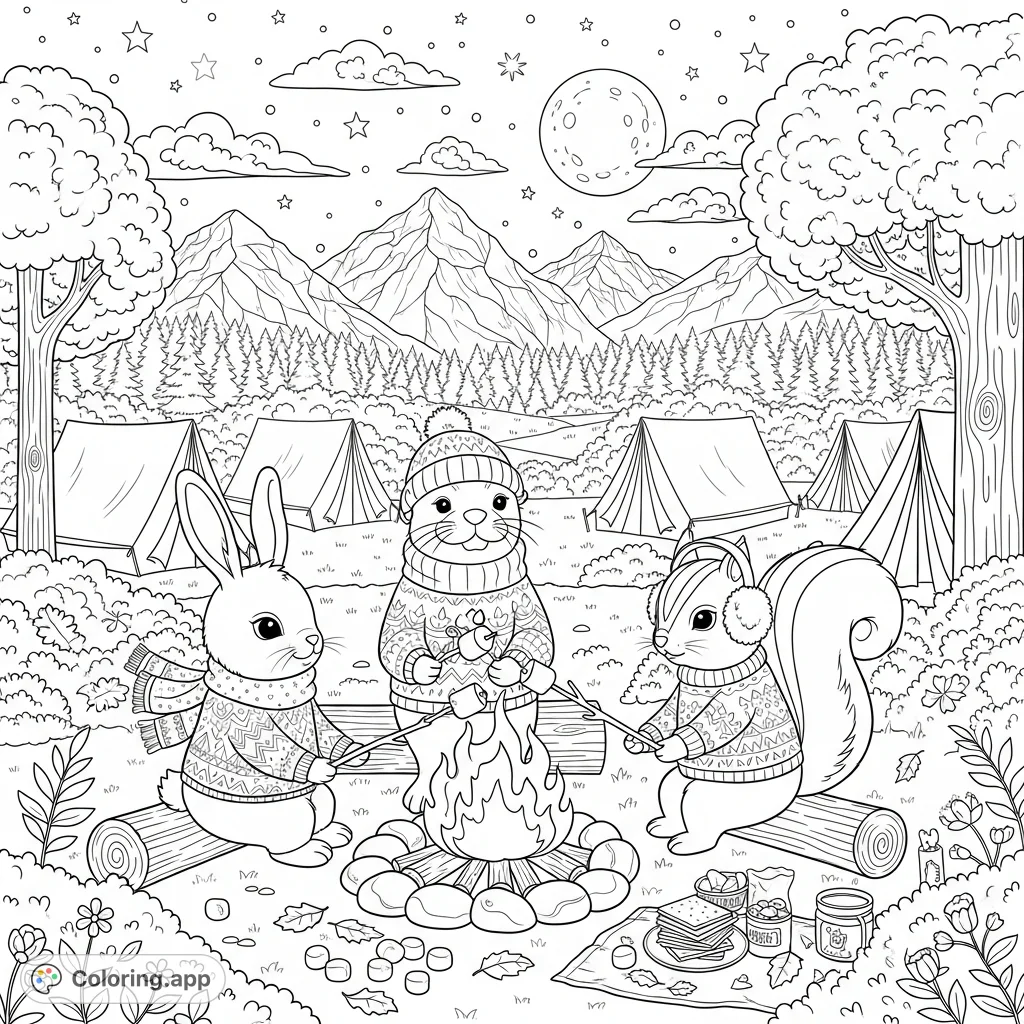 A charming bunny, otter, and squirrel in cozy attire roast marshmallows around a campfire. Starry night, mountains, and tents create a delightful woodland scene.