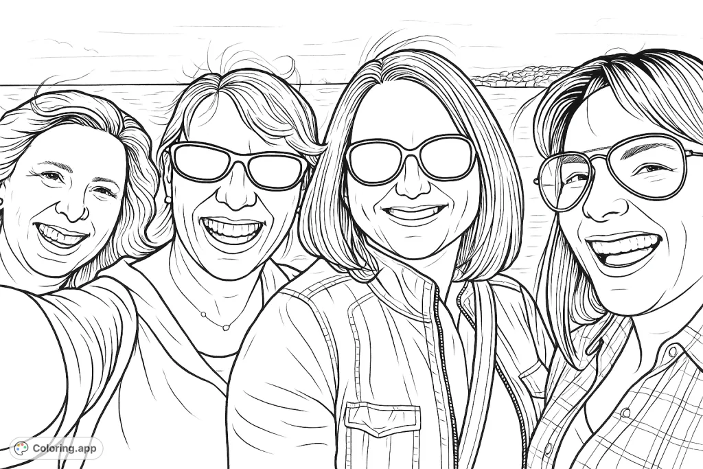 Capture the warmth of friendship with this coloring page featuring four smiling women against a coastal backdrop. Perfect for celebrating connections!