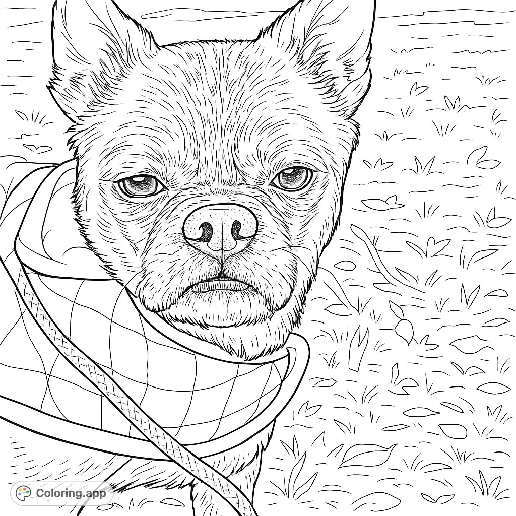 A charming dog sporting a stylish quilted jacket and leash, set against an outdoor backdrop of grass and fallen leaves, ready for a personalized touch.