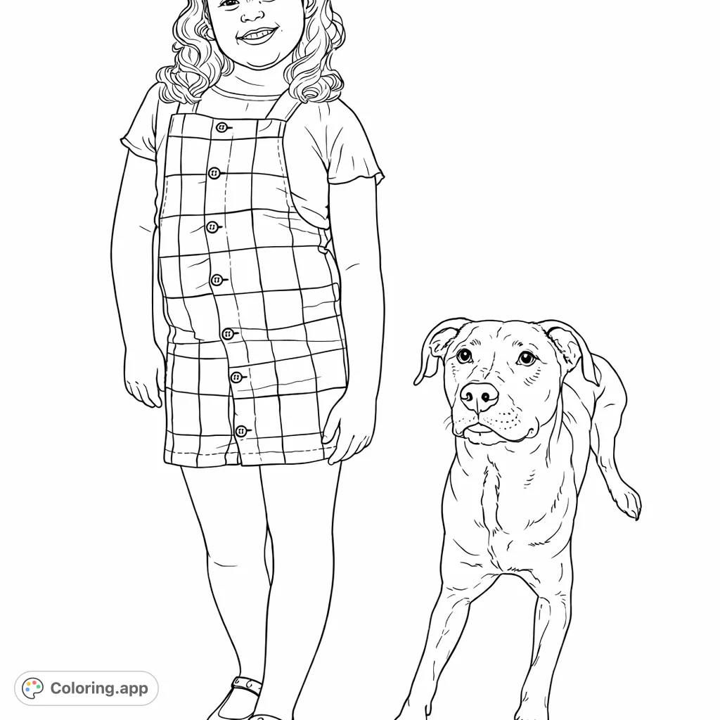A delightful coloring page featuring a smiling child in a plaid dress alongside a friendly dog. Perfect for creative expression and animal lovers.