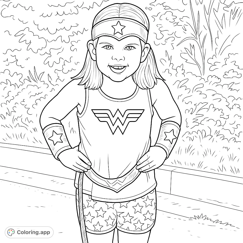 A young girl poses confidently in her superhero costume, complete with a star headband, emblem top, and star-patterned shorts, ready for adventure.