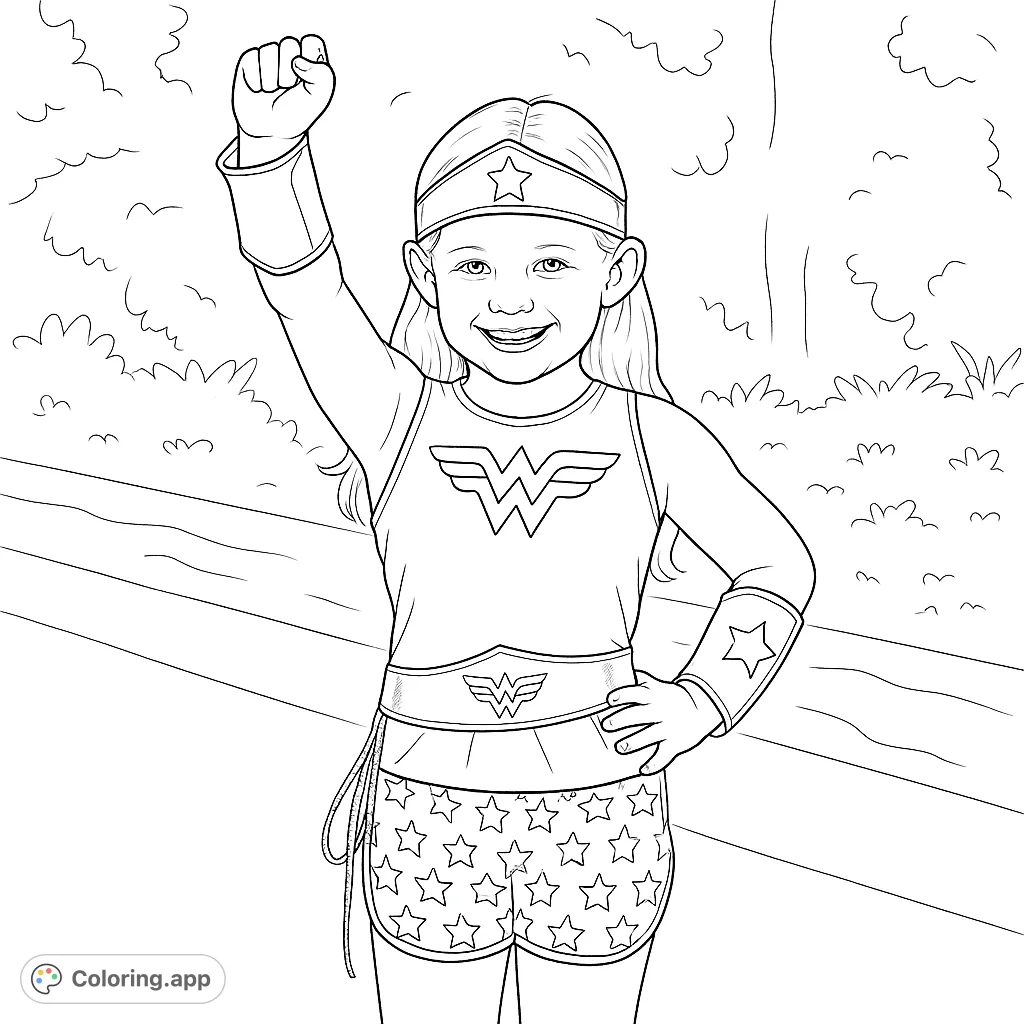 A delightful superhero coloring page featuring a child hero in a powerful pose, complete with iconic costume details like stars, emblems, and a lasso. Perfect for aspiring heroes!