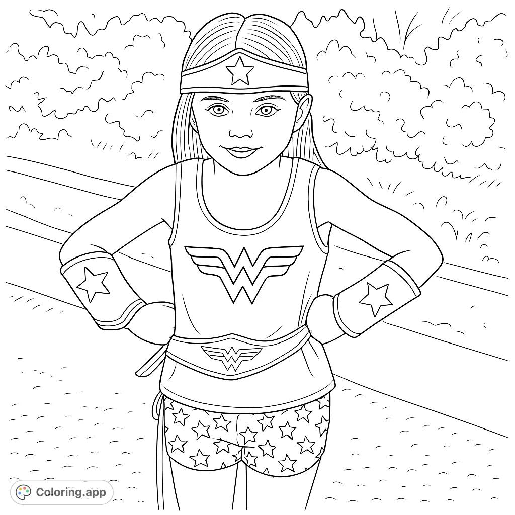 A confident young superhero girl, ready for adventure in her iconic costume with a star-adorned headband, emblem tank top, and star-patterned shorts.