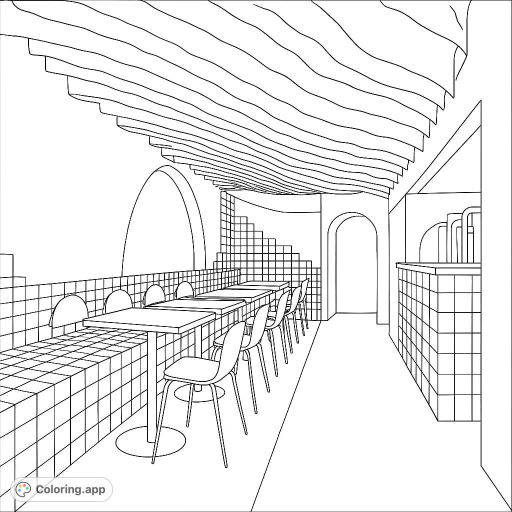 Explore a stylish cafe interior with a unique wavy ceiling, tiered seating, and modern furniture. A captivating architectural design awaits your creative touch.