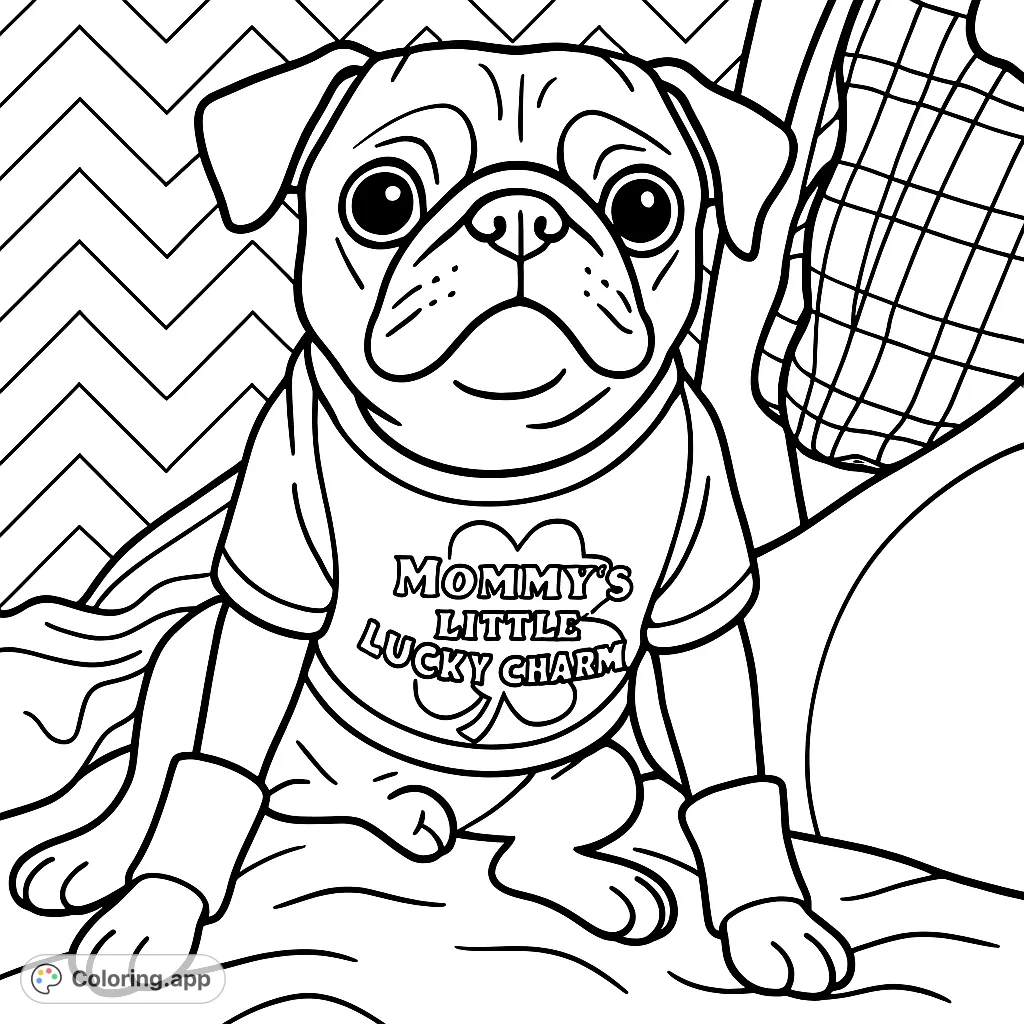 A delightful coloring page featuring a cute dog in a 'Mommy's Little Lucky Charm' shirt and socks, perfect for a fun and simple coloring activity.