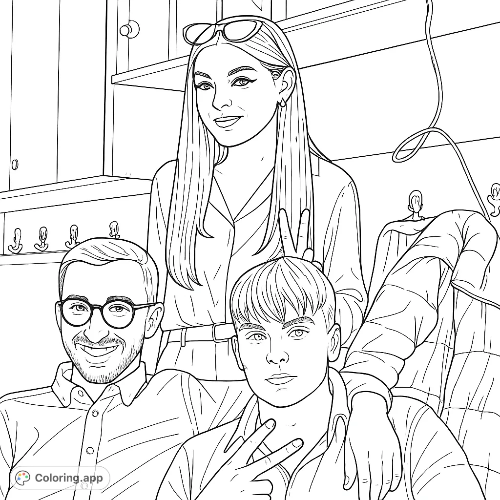 A lively group portrait of three friends, one female and two males, posing playfully with peace signs against a backdrop of shelving and coats.