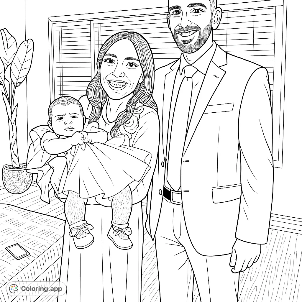 Capture a heartwarming family moment featuring a smiling couple and their adorable baby in a charming dress. Perfect for celebrating family bonds and special occasions.