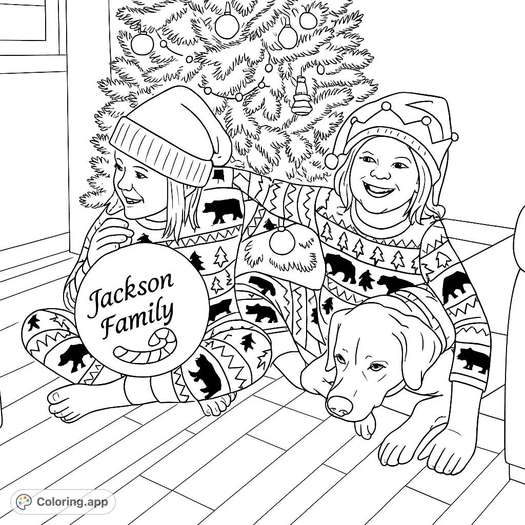 Two children in festive pajamas and hats with their dog, sitting by a decorated tree and holding a large ornament. A joyful holiday scene.