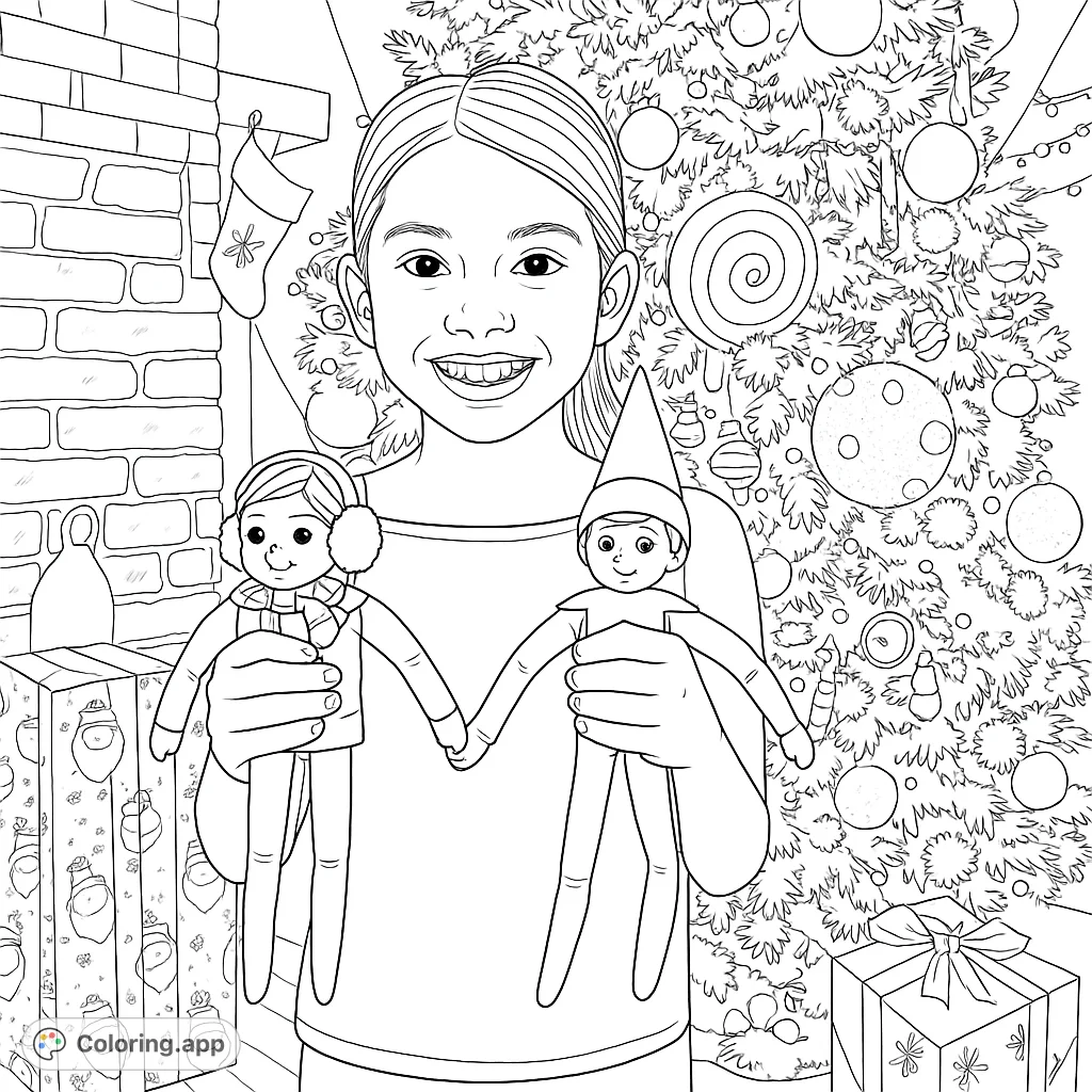 A cheerful girl holds two delightful elf dolls amidst a beautifully decorated holiday tree and cozy fireplace, capturing the essence of festive joy.