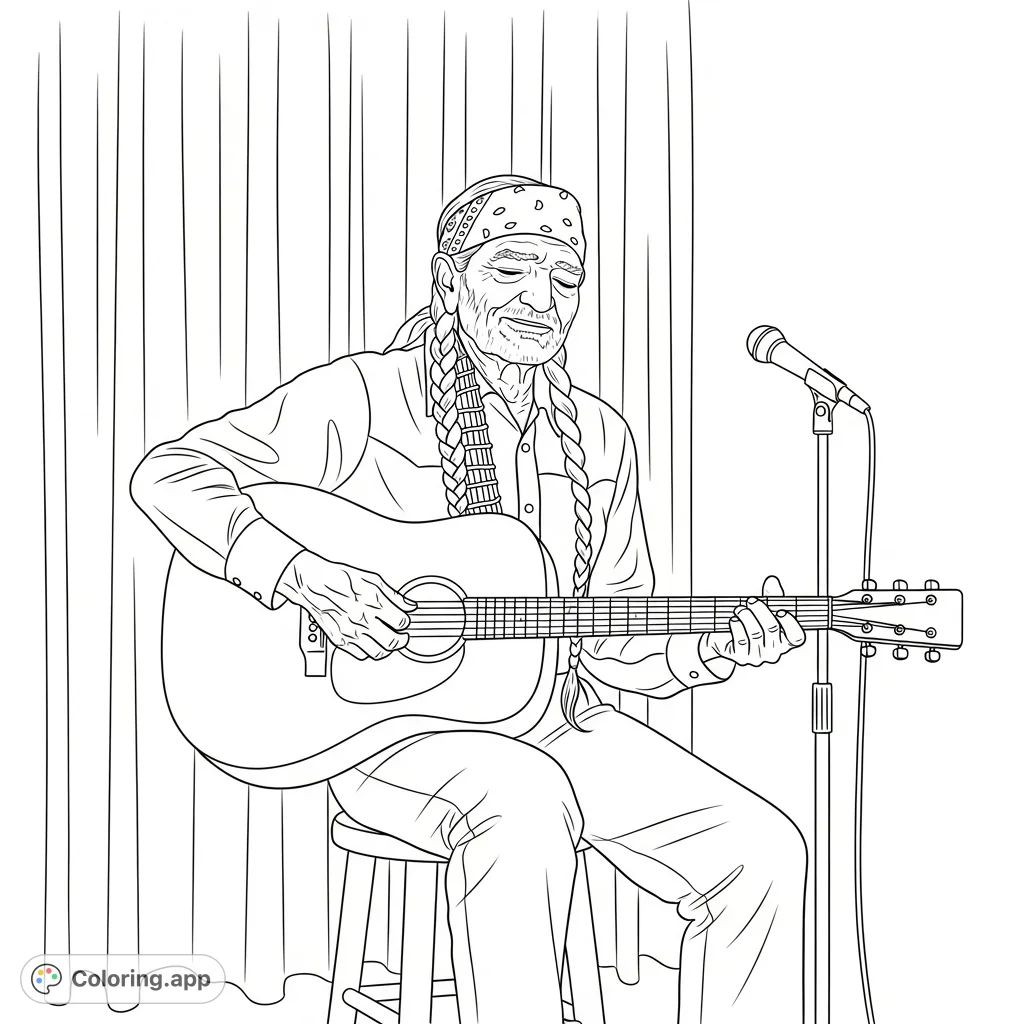 A peaceful Willie Nelson sits on a stool, gently strumming his guitar, signature bandana and braids visible. A calming scene for music lovers.