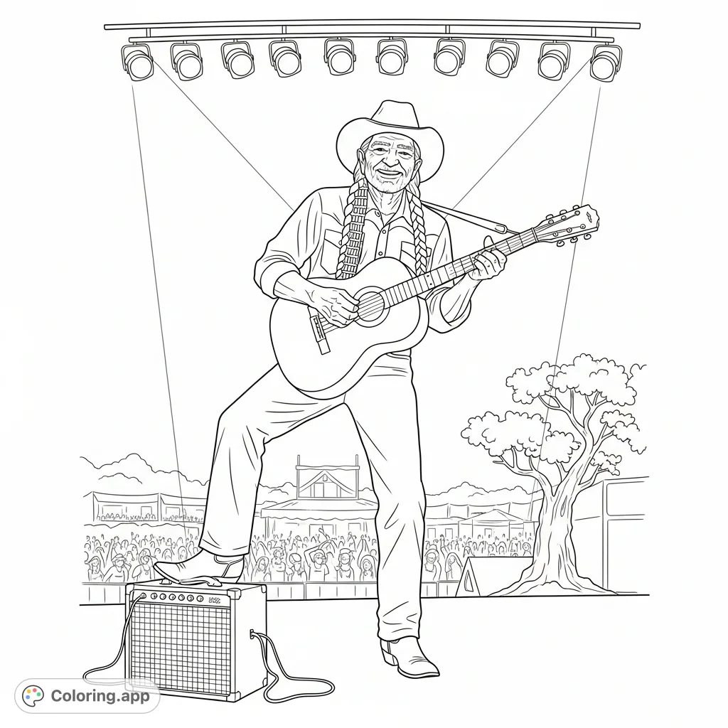 Capture the iconic energy of Willie Nelson on stage, mid-strum, with a joyful grin, amplifier, and an outdoor festival crowd in the background.
