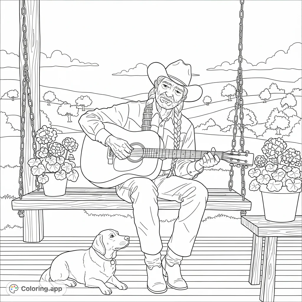 Capture the legendary Willie Nelson on a rustic porch swing, strumming Trigger, with his loyal dog and a peaceful pastoral backdrop. A perfect country music coloring page.