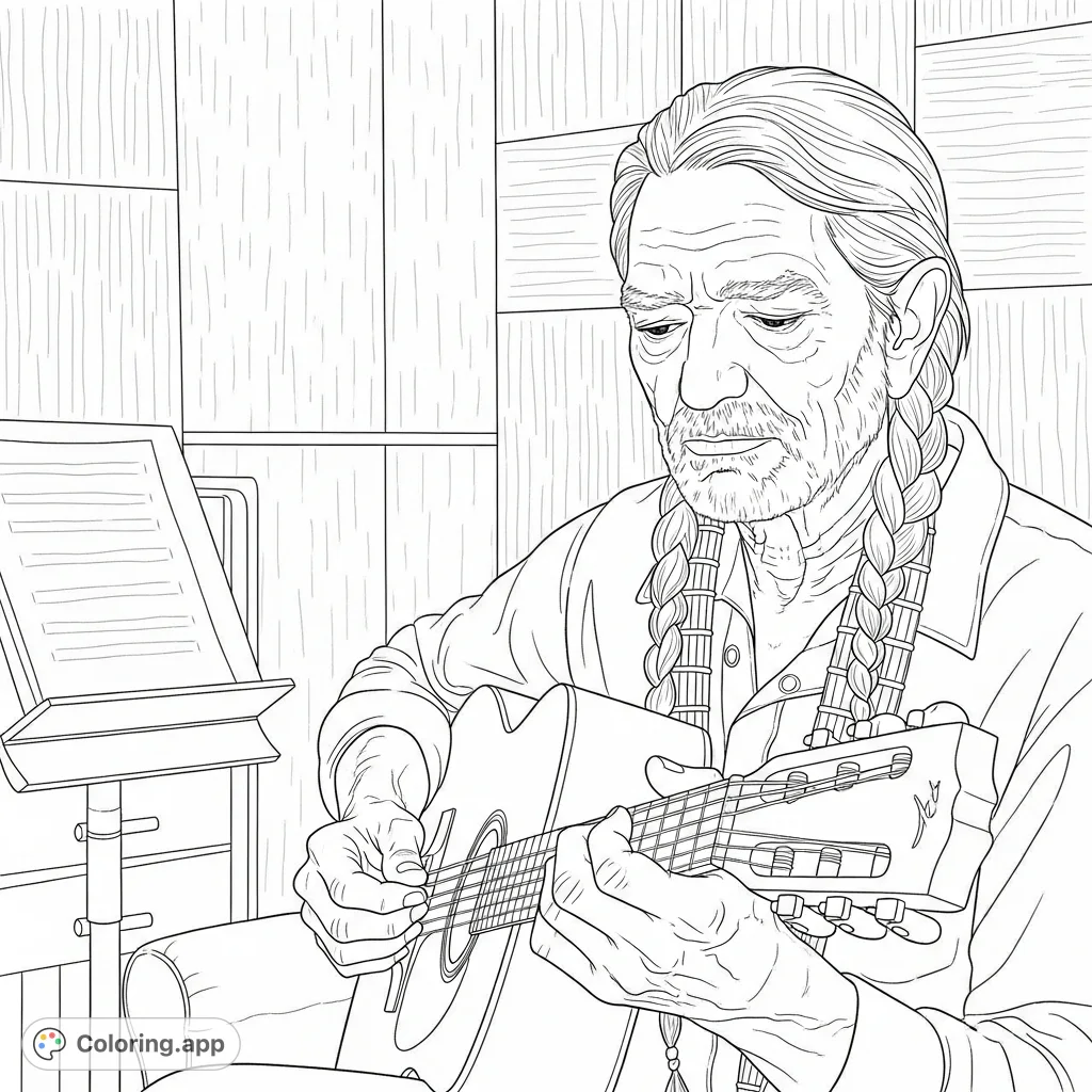 Capture Willie Nelson in deep concentration, fingers on his guitar strings, in a cozy room. A perfect Willie Nelson coloring page for music lovers.