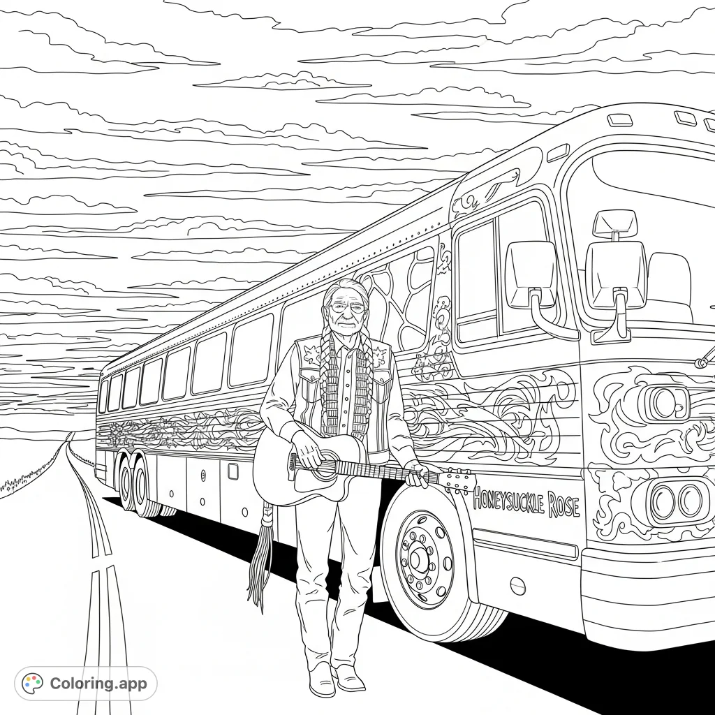 Color Willie Nelson with his iconic "Honeysuckle Rose" tour bus and "Trigger" guitar on a winding country road under an open sky.