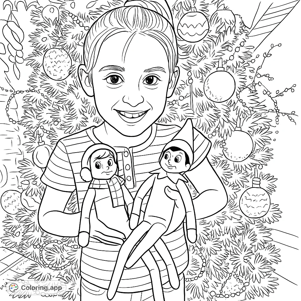 A joyful girl presents two festive elf dolls in front of a sparkling Christmas tree, ready for holiday coloring fun. Perfect for young artists.